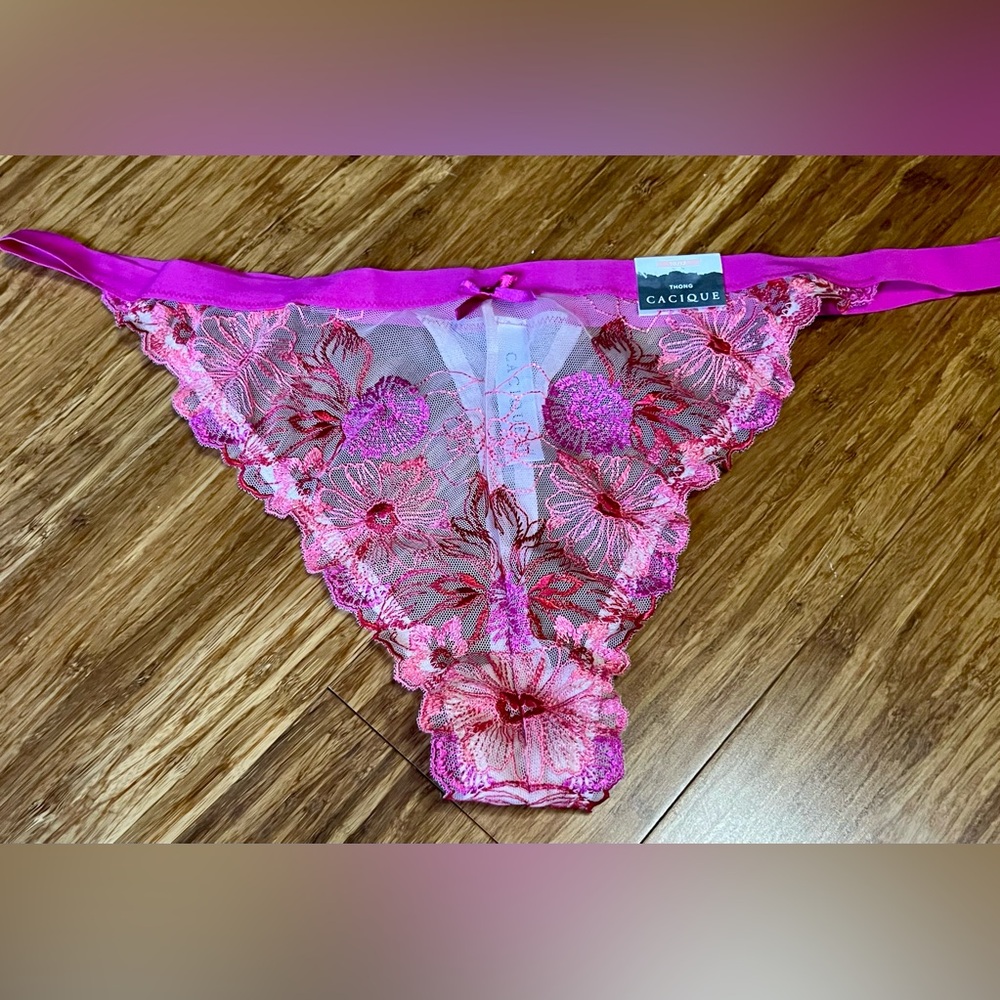 Cacique Pink & Coral Floral Lace Thong size 10 / 12